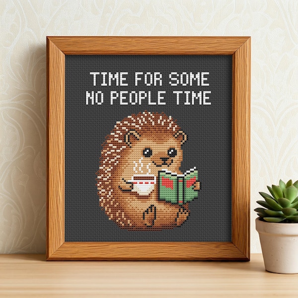 Hedgehog Cross Stitch Pattern PDF, Funny Time For Some No People Time, Easy Embroidery Design, Coffee, Book Lover Gift Idea Instant Download