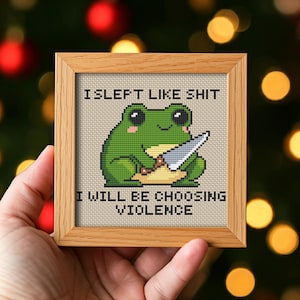 May include: A framed cross-stitch depicting a green frog with a knife. The text reads "I SLEPT LIKE SHIT" above and "I WILL BE CHOOSING VIOLENCE" below. The frame is made of light brown wood.