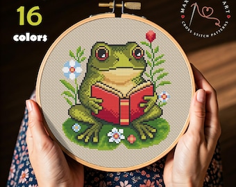 Frog Reading Book Cross Stitch Pattern: Whimsical Animal Embroidery (PDF Download