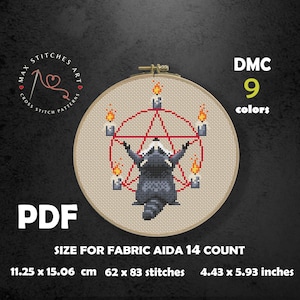 May include: A cross-stitch pattern featuring a raccoon inside a red pentagram with candles. The design is on a beige fabric, framed in a wooden hoop. The text "DMC 9 colors" and "PDF" are visible. The pattern size is 4.43 x 5.93 inches.