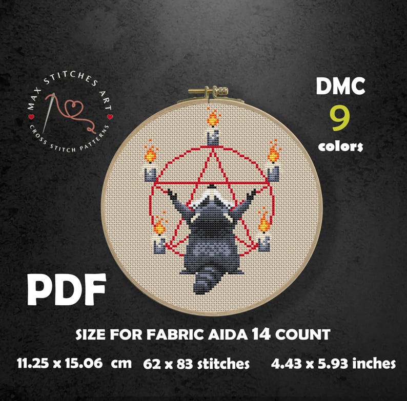 May include: A cross-stitch pattern featuring a raccoon inside a red pentagram with candles. The design is on a beige fabric, framed in a wooden hoop. The text "DMC 9 colors" and "PDF" are visible. The pattern size is 4.43 x 5.93 inches.