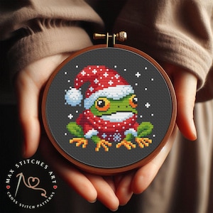 Funny christmas frog cross stitch pattern PDF, Tiny frog embroidery, Santa hat, Snow Cross Stitch, Winter Cross Stitch, Frog wall decor