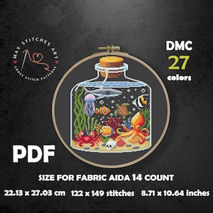 May include: Cross-stitch pattern featuring an underwater scene inside a bottle. The design includes a shark, jellyfish, octopus, and various fish. The pattern uses 27 colors and is sized for 8.71 x 10.64 inch fabric. The PDF pattern is from Max Stitches Art.
