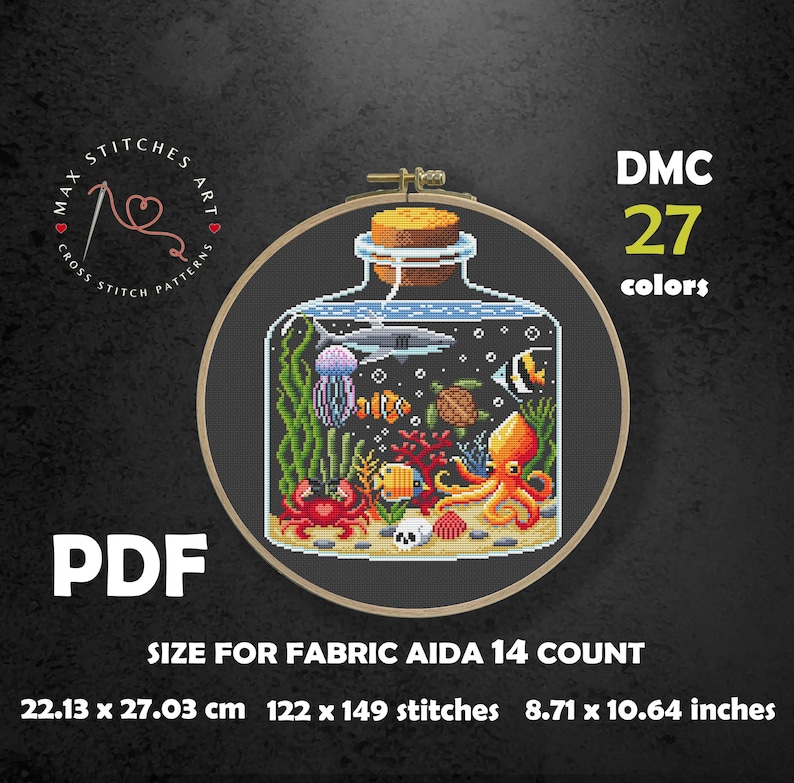 May include: Cross-stitch pattern featuring an underwater scene inside a bottle. The design includes a shark, jellyfish, octopus, and various fish. The pattern uses 27 colors and is sized for 8.71 x 10.64 inch fabric. The PDF pattern is from Max Stitches Art.
