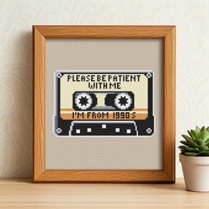 Retro Cassette Cross Stitch Pattern, 90s Funny Quote, Easy DIY Embroidery Design, Instant Download PDF, Please Be Patient With Me