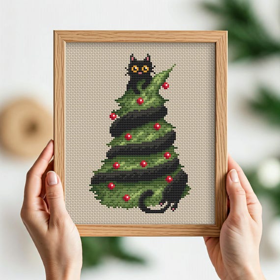 Black Cat Christmas Tree Cross Stitch, Funny Xmas Pattern PDF