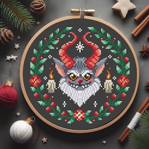 Krampus Cross Stitch Pattern, Creepy Christmas embroidery, Gruss vom Krampus, Dark Christmas Demon, Gothic Holiday Decor, Mythical Creature