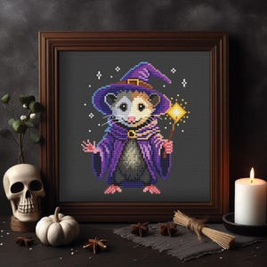 Witch opossum cross stitch pattern PDF, Little Wizard frog embroidery, Magic Pattern, Fairy Cross Stitch, Animal Wizard, Possum lover gift