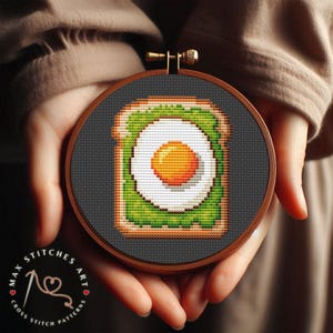 Eier- en avocadotoost kruissteekpatroon pdf, borduren gebakken ei, ontbijt kruissteek, schattig eten, traktatie, keuken wanddecoratie