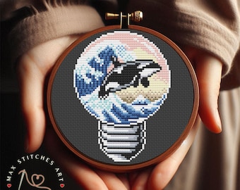 Orca Wave Light Bulb Cross Stitch Pattern, Modern Embroidery (PDF Pattern)