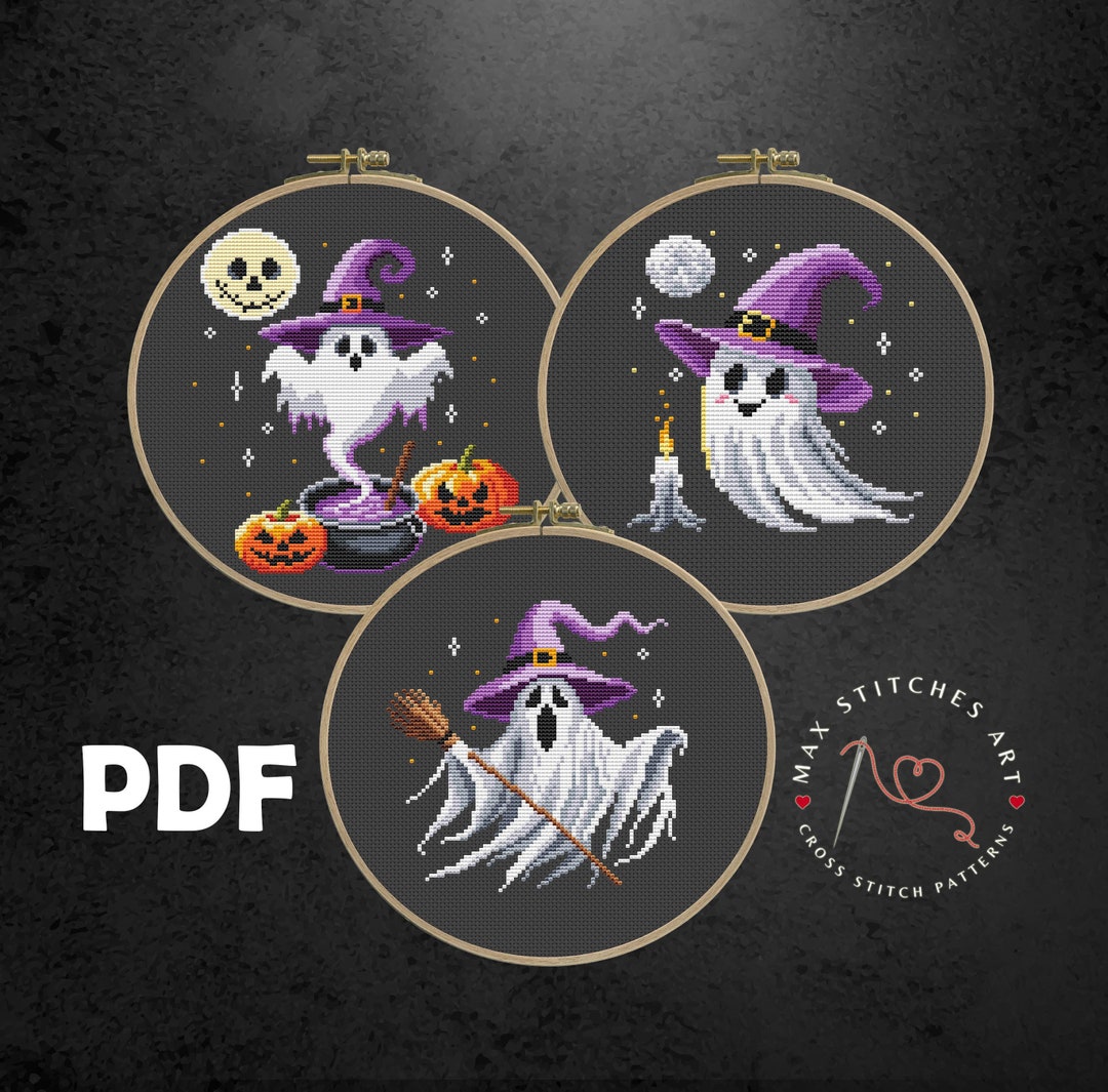 Ghost Witch Cross Stitch Pattern Set: Spooky Halloween Embroidery (PDF ...