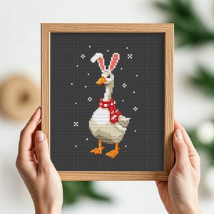 Silly Christmas goose cross stitch pattern PDF, Cute Goose embroidery, Goose with Rabbit ears, New Year&#39;s goose, Cottage Winter home decor