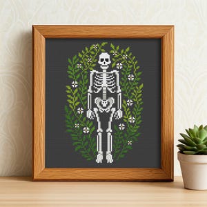 Kreuzstichmuster, Skelett Blumen Kreuzstichmuster, moderne botanische Stickerei, Blumenschädel, dunkle botanische Kreuzstichvorlage, Halloween einfaches Diagramm PDF