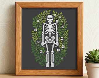 スケルトン フローラル クロスステッチ パターン、モダン ボタニカル 刺繍、フローラル スカル、ダーク ボタニカル クロスステッチ チャート、ハロウィーン イージー チャート PDF