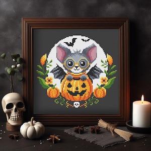 Halloween bat cross stitch pattern, Bat Embroidery, Pumpkin, Autumn, Vampire cross stitch, Full Moon cross stitch, Halloween Wall Decor