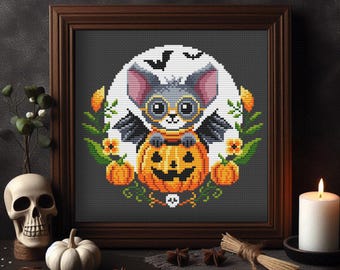 Modèle de point de croix chauve-souris d'Halloween : broderie citrouille vampire (modèle PDF)