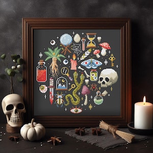 May include: A black and white cross stitch pattern featuring a circle of various magical and mystical objects, including a skull, a snake, a potion bottle, a key, a spider, a butterfly, a crystal ball, a candle, and a mushroom. The objects are all surrounded by a black background with white stars.