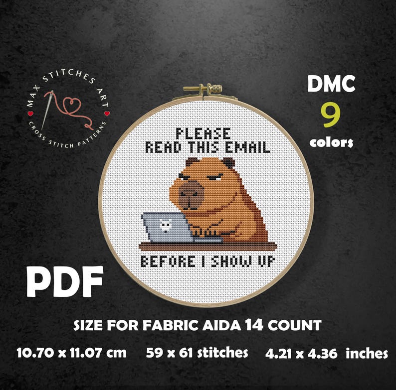 May include: A cross-stitch pattern featuring a capybara working on a laptop, with the text "PLEASE READ THIS EMAIL BEFORE I SHOW UP." The design is in a round frame, with the text "DMC 9 colors" and size details of 4.21 x 4.36 inches.