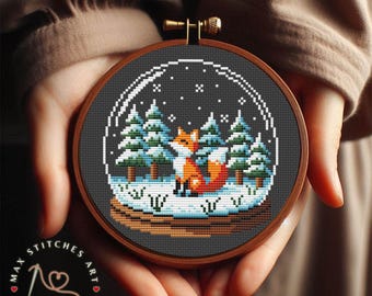 Fox Winter Scene Cross Stitch Pattern, Snow Globe Landscape, Easy PDF, Christmas Nature, DIY Embroidery Design, Beginner friendly pattern