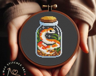 Snake in a jar cross stitch pattern, Snake embroidery, Snake lover gift, Kawaii Cross Stitch, Tiny Cross Stitch, Cottagecore decor