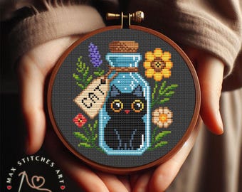 Cute Black Cat in Glass Bottle Cross Stitch Pattern with Flowers PDF, Beginner Modern Embroidery Design for Instant Download