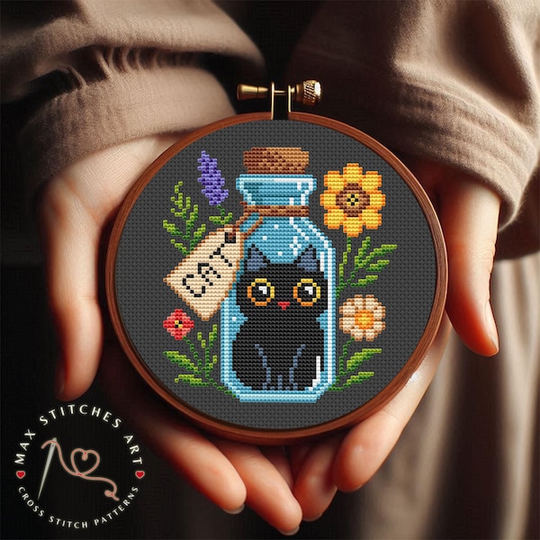 Cute Black Cat in Glass Bottle Cross Stitch Pattern with Flowers PDF, Beginner Modern Embroidery Design for Instant Download