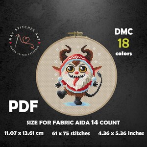 May include: Cross stitch pattern featuring a cute, cartoon-style monster wearing a red and white Santa hat. The pattern is for Aida 14 count fabric and uses 18 DMC colors. The finished size is 4.36 x 5.36 inches or 11.07 x 13.61 cm.