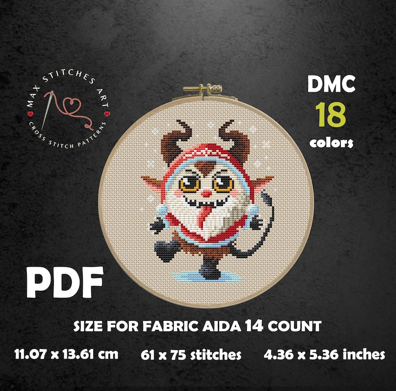 May include: Cross stitch pattern featuring a cute, cartoon-style monster wearing a red and white Santa hat. The pattern is for Aida 14 count fabric and uses 18 DMC colors. The finished size is 4.36 x 5.36 inches or 11.07 x 13.61 cm.