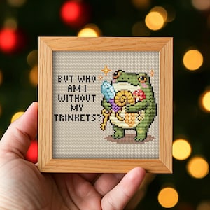 May include: A square cross-stitch embroidery in a light wood frame featuring a green frog holding a blue crystal, a golden snail shell, and a red mushroom. The text reads: BUT WHO AM I WITHOUT MY TRINKETS? The design is on a beige fabric background.