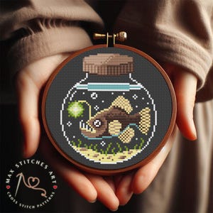 Cute Anglerfish Cross Stitch Design, Small Sea Creature Embroidery Pattern PDF, Fish in Jar, Easy Modern Embroidery Design, PDF Download