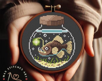 Cute Anglerfish Cross Stitch Design, Small Sea Creature Embroidery Pattern PDF, Fish in Jar, Easy Modern Embroidery Design, PDF Download
