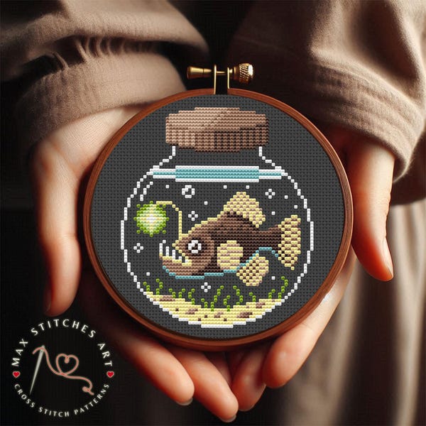 Cute Anglerfish Cross Stitch Design, Small Sea Creature Embroidery Pattern PDF, Fish in Jar, Easy Modern Embroidery Design, PDF Download