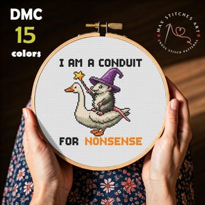 May include: A cross-stitch hoop with the text "I AM A CONDUIT FOR NONSENSE". The design features a possum in a witch hat riding a goose. The text "DMC 15 colors" is also present.