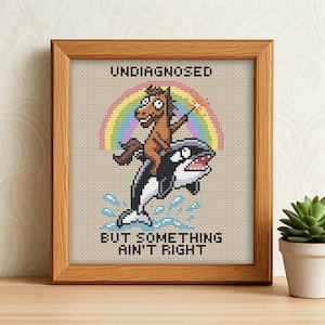 May include: A framed cross-stitch embroidery featuring a brown horse riding a black and white orca whale under a colorful rainbow. The text reads UNDIAGNOSED at the top and BUT SOMETHING AIN'T RIGHT at the bottom in black block letters.