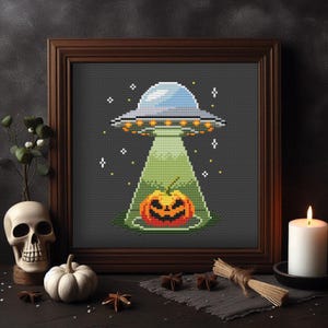 Halloween UFO cross stitch pattern, Sci-fi Embroidery, Autumn, UFO Abduction Pumpkin, Aliens Invasion cross stitch, Halloween Wall Decor