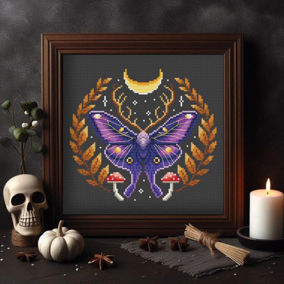 Violet Luna Moth Cross Stitch Pattern: Witchy Moon Phases (PDF