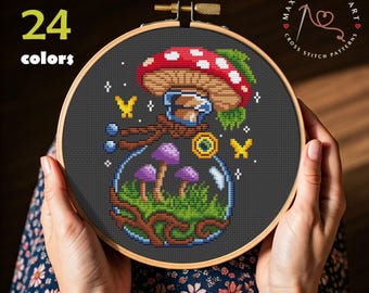 Mushroom Terrarium Cross Stitch Pattern: Fantasy Botanical Embroidery (PDF Pattern)