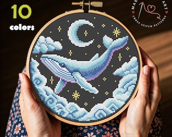 Patrón de punto de cruz de ballena, luna y estrellas, diseño de bordado moderno, descarga en PDF, animal marino, decoración del hogar, puntada fácil, decoración de habitación infantil