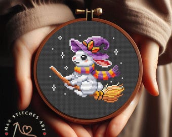 Häxa och kanin korsstygnsmönster: Halloween-kaninbroderi (PDF-mönster)