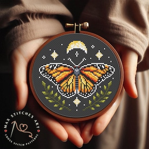 Tiny Monarch Butterfly cross stitch pattern, Witchy moon, Insect night embroidery, Small Butterfly Entomology Cross Stitch Cottagecore decor