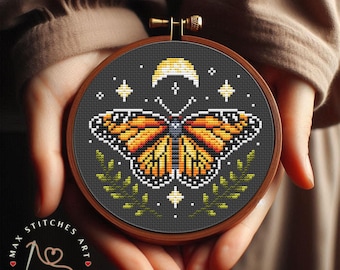 Monarch Butterfly Cross Stitch Pattern: Witchy Moon Embroidery (PDF Pattern)