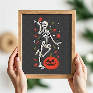 Dancing Skeleton Cross Stitch Pattern PDF, Halloween Skeleton with Pumpkin, Spooky Aida 14 Count PDF Instant Download