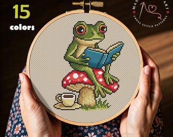 Frog on Mushroom Cross Stitch Pattern: Cottagecore Forest Animal (PDF Pattern