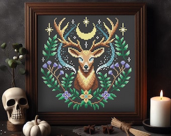 Korsstygnsmönster med hjort i PDF-format, broderidesign med mystisk hjort, diagram över skogsdjur, broderi med blommig måne, modern skogsdekor