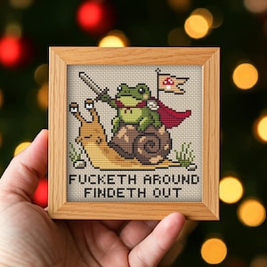 May include: A square wooden frame containing a cross-stitch embroidery of a green frog wearing a red cape and holding a sword while riding a brown snail. The snail carries a flag with a mushroom icon. The text reads FUCKETH AROUND FINDETH OUT.