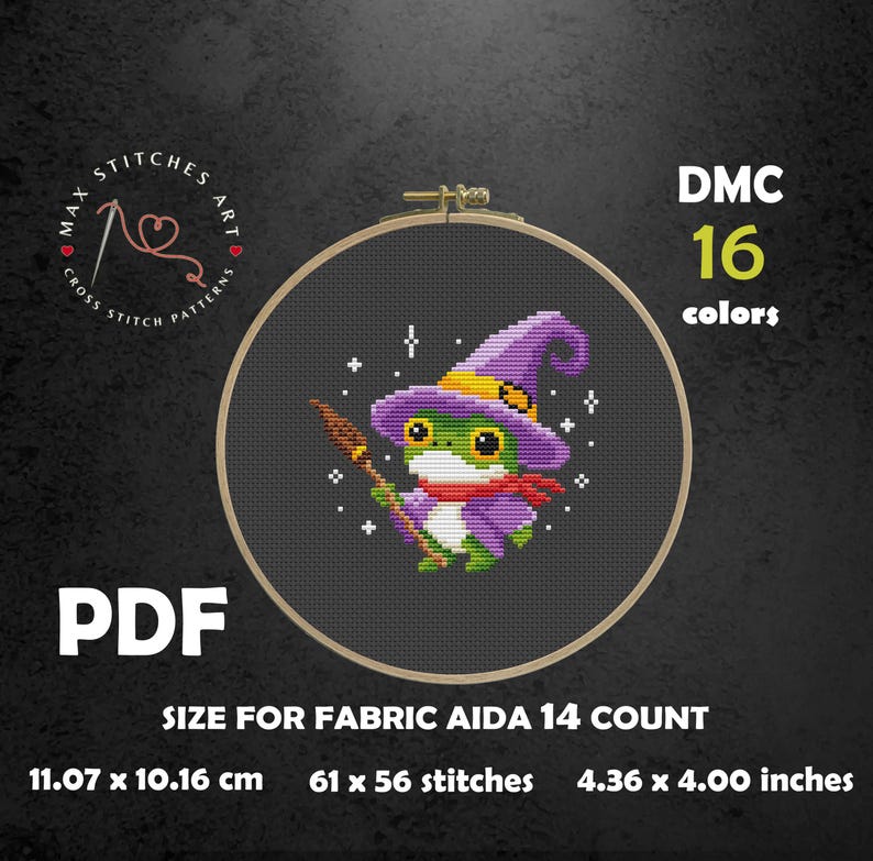 May include: Cross-stitch pattern featuring a green frog wearing a purple witch hat and scarf, holding a broom. The design is set in a wooden embroidery hoop. The text "DMC 16 colors" and "PDF" are included. The pattern size is 4.36 x 4.00 inches.