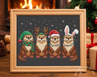 Otters Christmas Cross Stitch Pattern: Funny Winter Animal Embroidery (PDF Pattern)