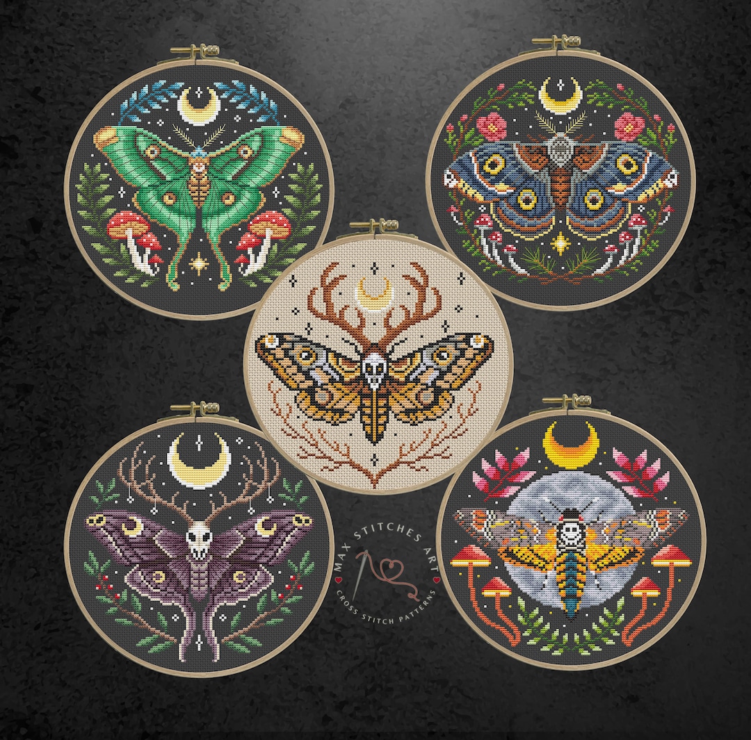 Gothic Luna Moth Cross Stitch Patterns: Mystical Embroidery (set of 5 ...