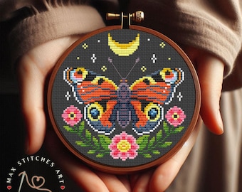Peacock Butterfly Cross Stitch Pattern: Witchy Moon Embroidery (PDF Pattern)