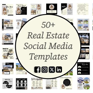 May include: A collage of 50+ black and white real estate social media templates. The templates feature images of houses, text, and icons. The templates are designed for use on Facebook, Instagram, Twitter, and LinkedIn.